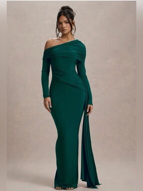 Elegant One-Shoulder Long Sleeve Evening Dress in Deep Green